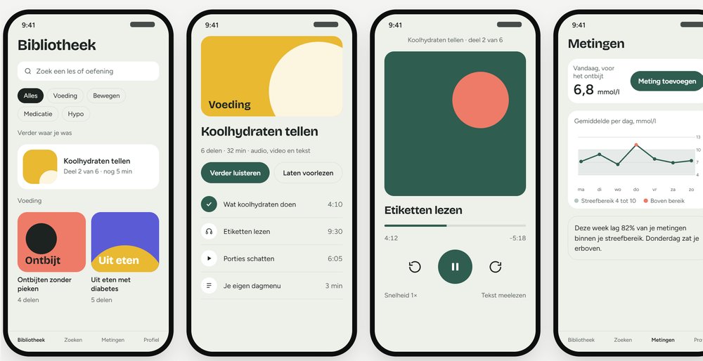 Vier schermen van de diabetesapp: bibliotheek, les, speler en metingen